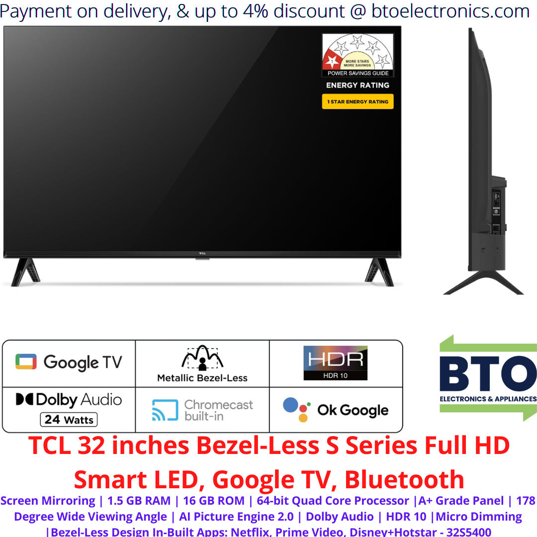TCL 32 Inches Bezel-Less S Series FHD Smart LED, Google TV, Bluetooth