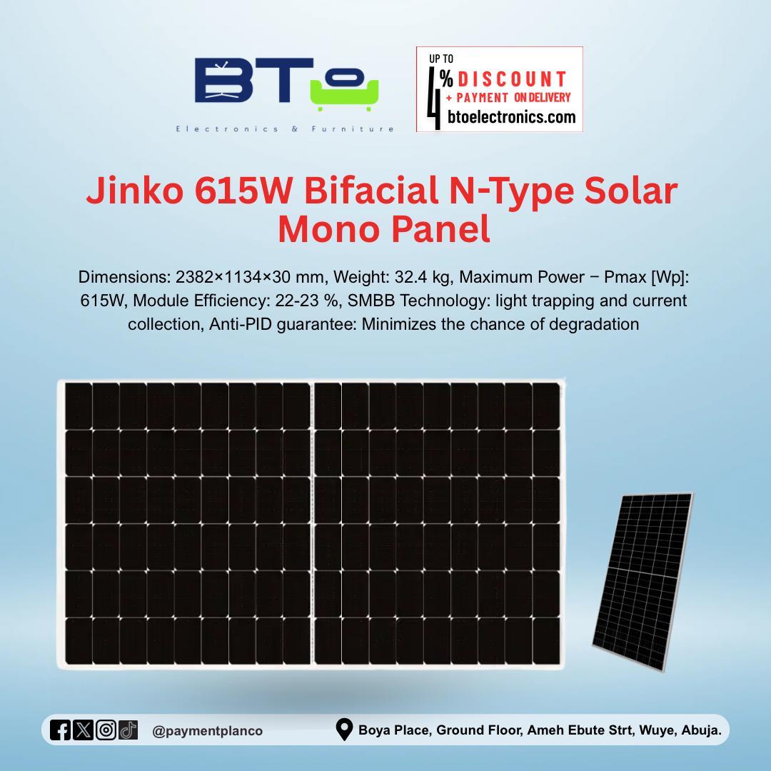 Jinko 615W Bifacial N-Type Solar Mono Panel with product details on a light blue background.