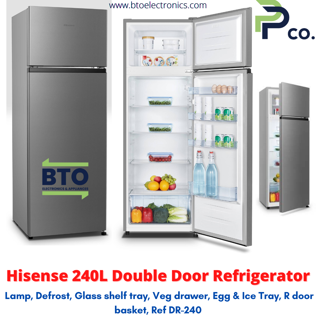 Hisense 240L Top Freezer Double Door Refrigerator (REF DR-240)
Capacity: 240 Litres
Features:
No Frost / Frost Free
Silver Finish
Low Noise Operation
R600a Gas (Eco-Friendly Refrigerant)
LED Lighting
Multi-Air Flow System
Vegetable Drawer with Humidity Control
Egg and Ice Tray Included
Dimensions (W x H x D): 550 x 1610 x 547 mm
Warranty: 1 Year Manufacturer Warranty
