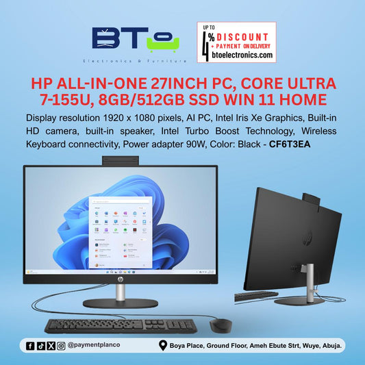 Advertisement for HP all-in-one PC with specifications on a blue background