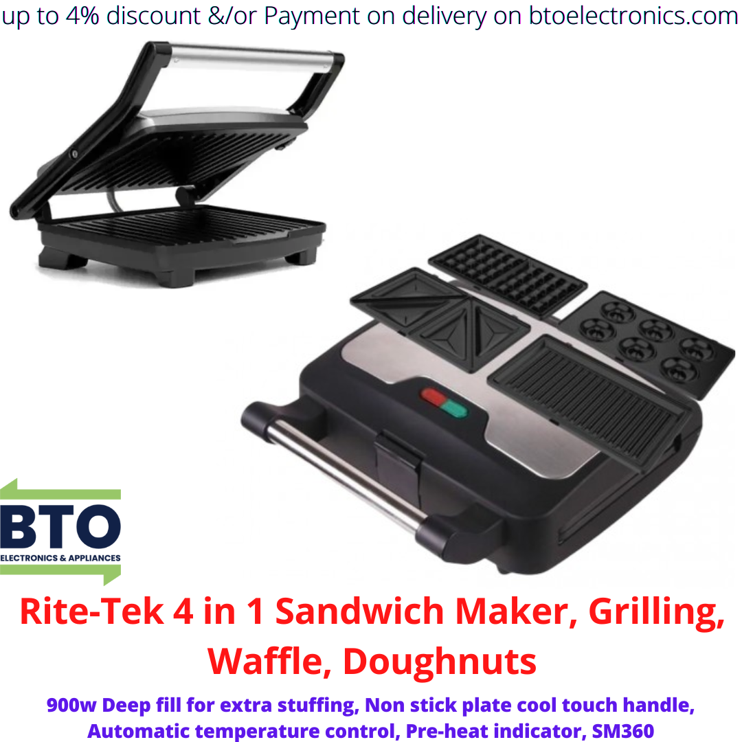 Rite-Tek 4 IN 1 Sandwich Maker, Grilling, Waffle, Doughnuts, 900W