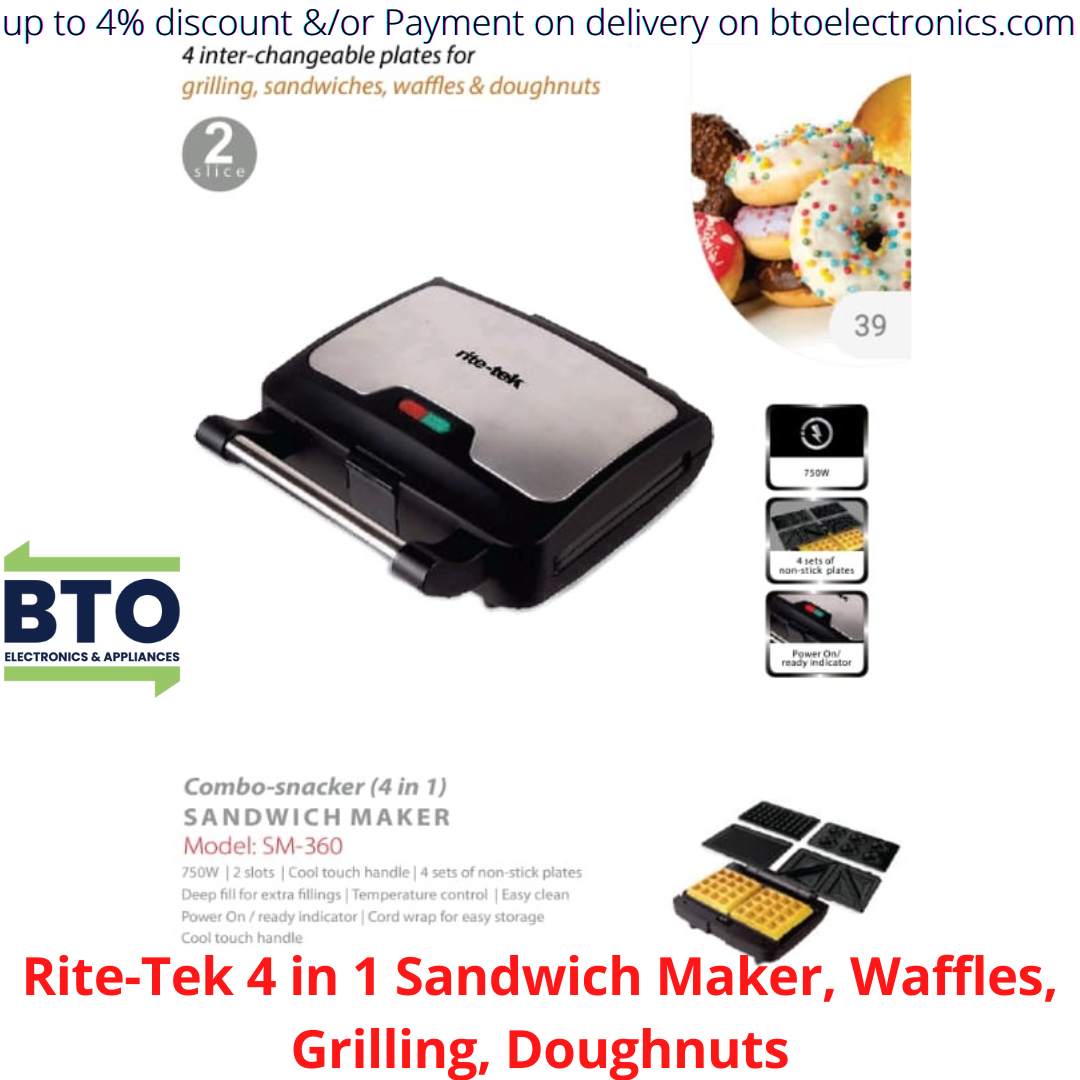 Rite-Tek 4 IN 1 Sandwich Maker, Grilling, Waffle, Doughnuts, 900W