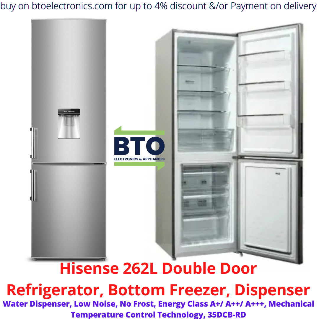 Hisense 262L Double Door Refrigerator, Bottom Freezer, Dispenser
