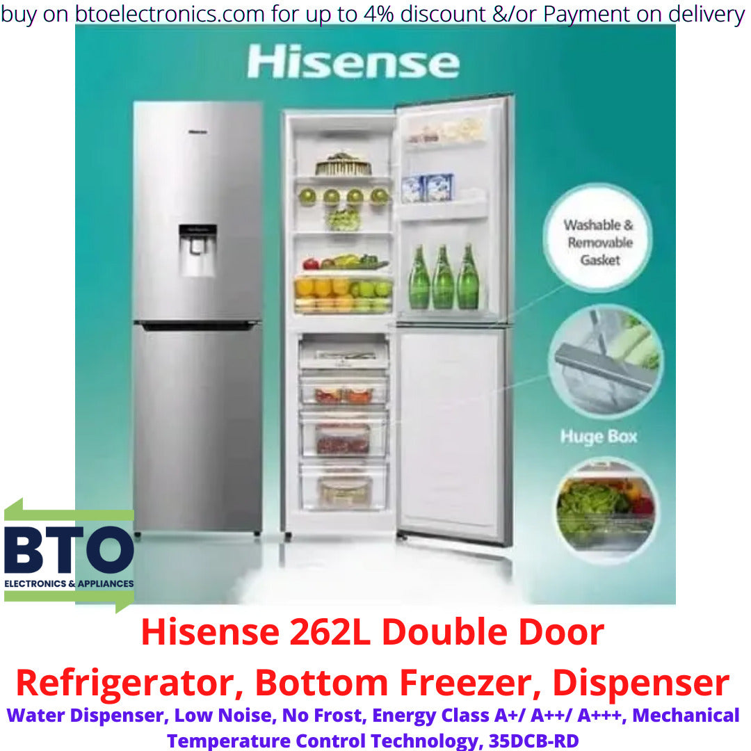 Hisense 262L Double Door Refrigerator, Bottom Freezer, Dispenser