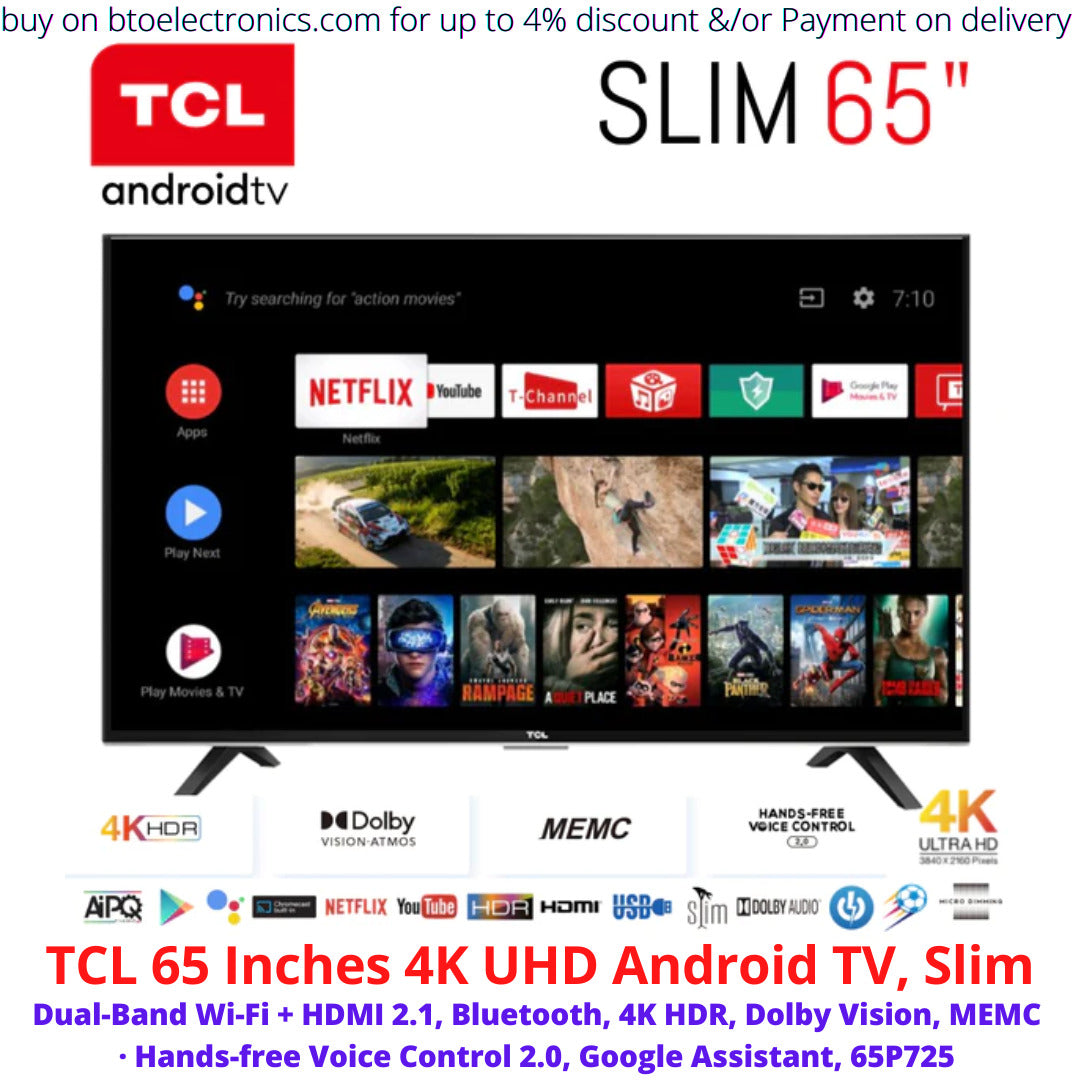 TCL 65 Inches TV, 4K UHD, Android TV, Slim