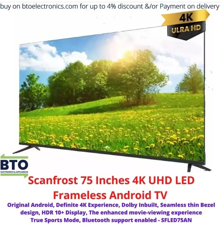 Scanfrsot 75 Inches Frameless TV, 4K UltraHD, Bluetooth, Android, Andromeda Series