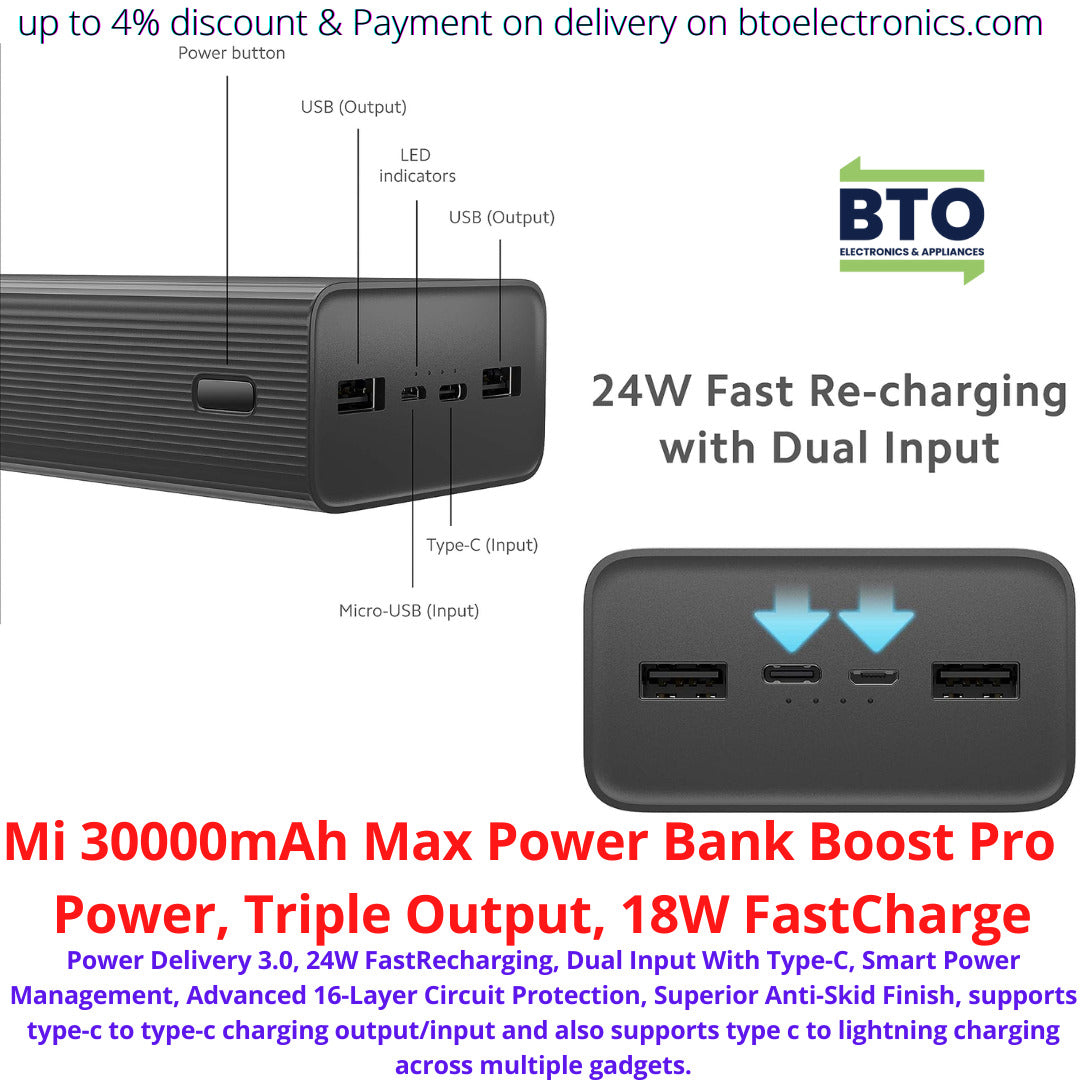 Xiaomi 30000mAh  Max Power Bank, Boost Pro Power, Triple Output, 18W Fast Charge