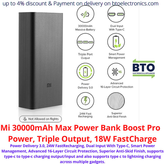 Xiaomi 30000mAh  Max Power Bank, Boost Pro Power, Triple Output, 18W Fast Charge