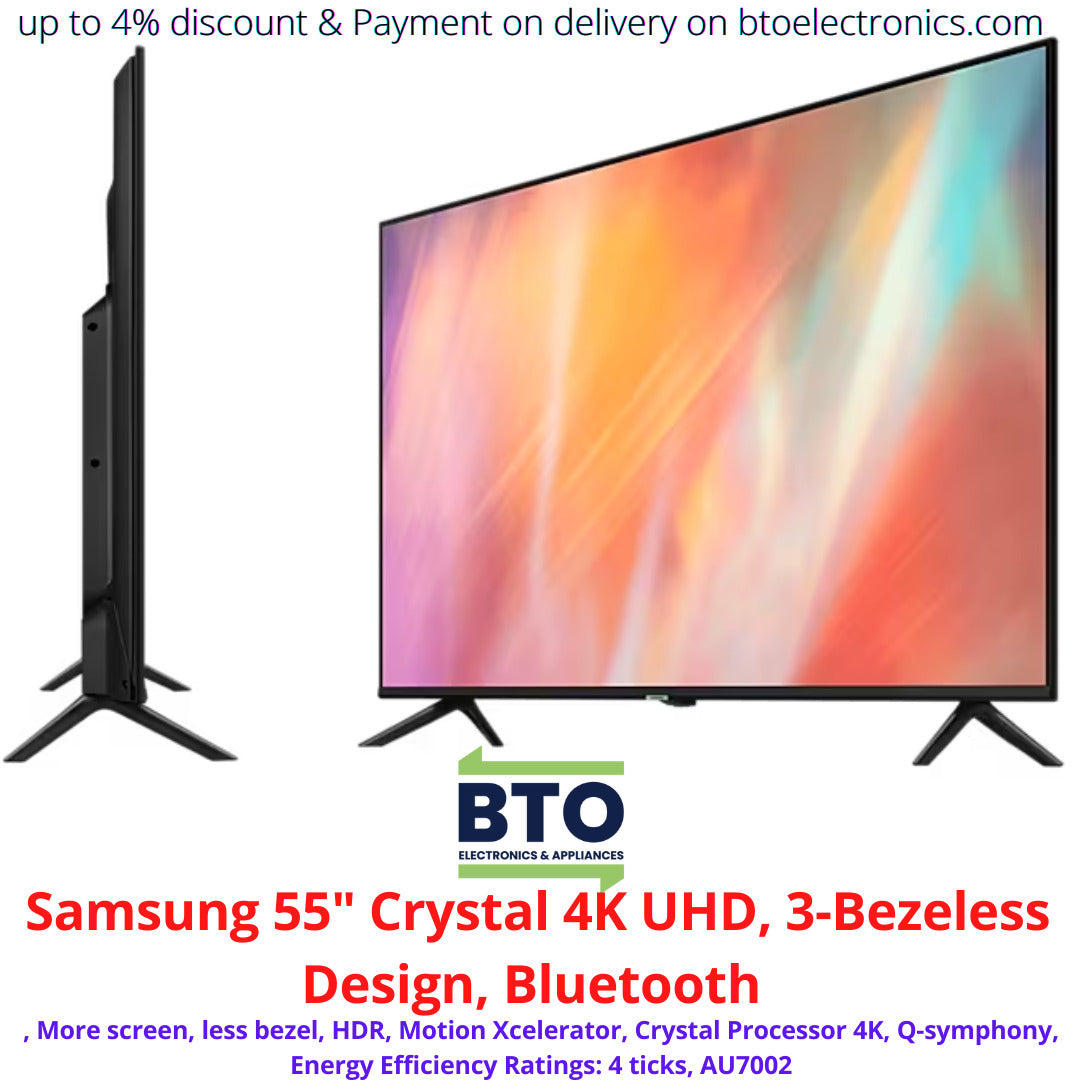 Samsung 55 Inches 4K Crystal UHD Smart TV, 3-Bezeless Design, Bluetooth