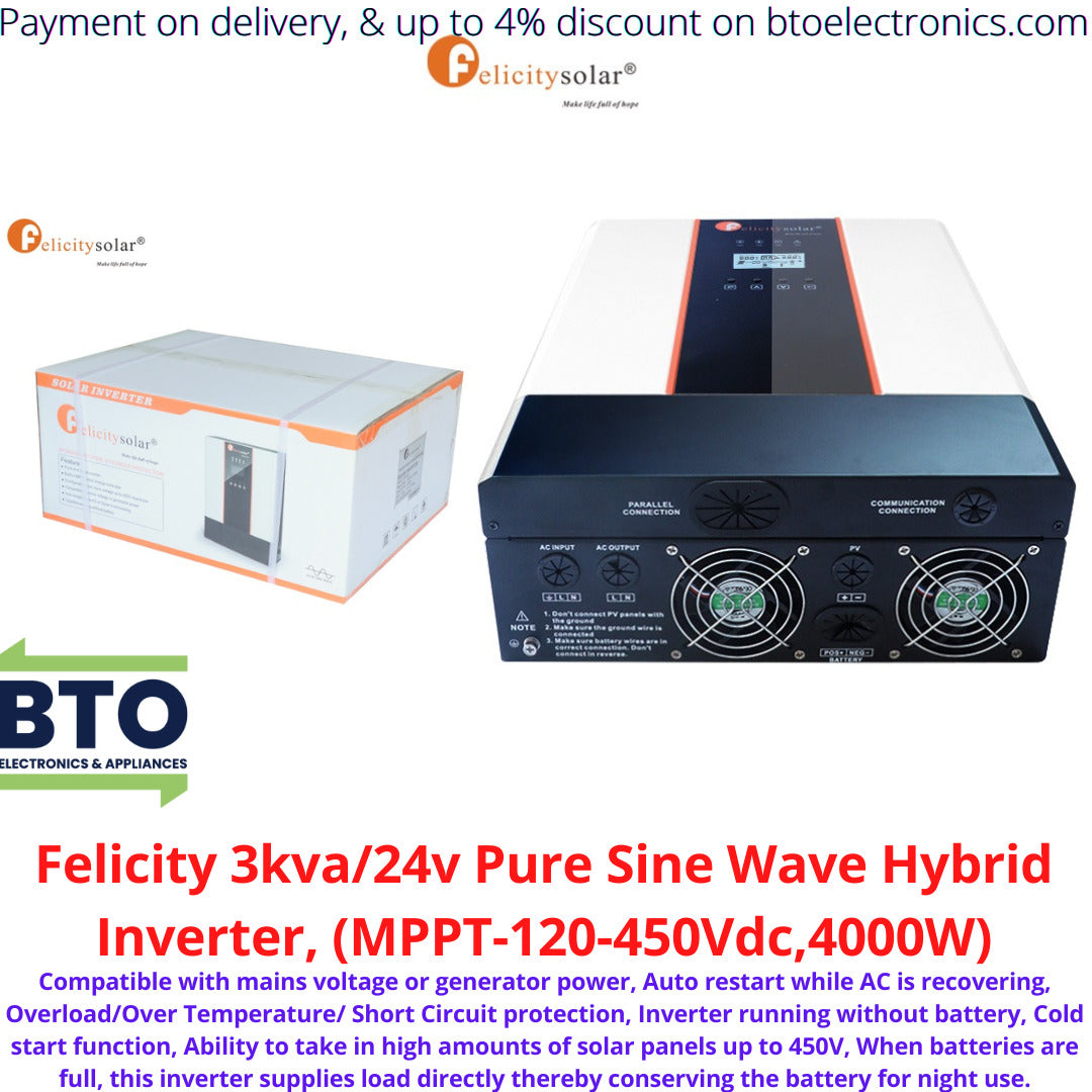 Felicity 3KVA/24V Pure Sine Wave Hybrid Inverter(MPPT-120-450Vdc,4000W