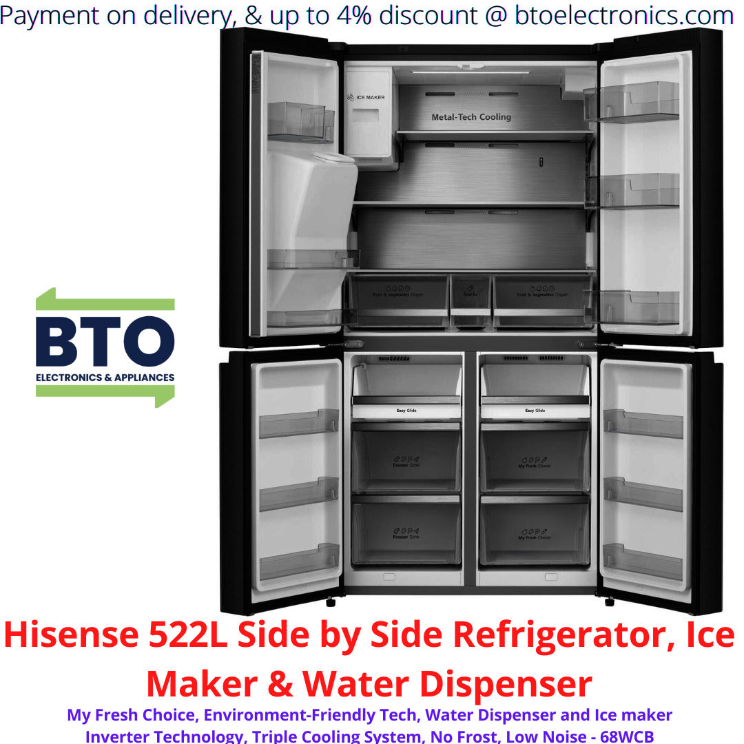 Hisense 522L Side by Side Refrigerator, Ice Maker & Water Dispenser