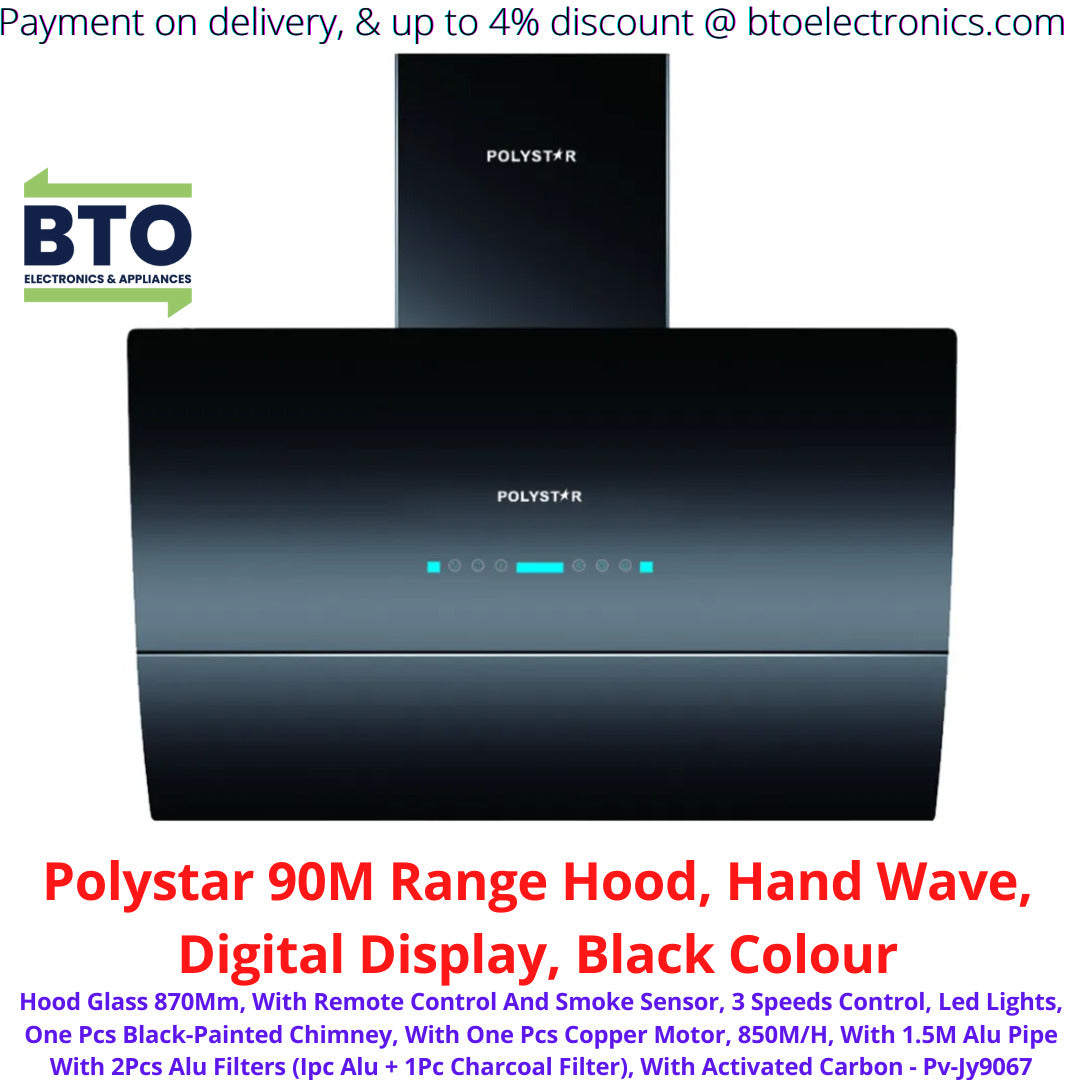 Polystar Kitchen Air Extractor 90M Range Hood, Hand Wave Digital Display, Black