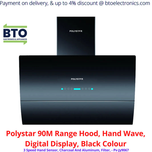 Polystar Kitchen Air Extractor 90M Range Hood, Hand Wave Digital Display, Black