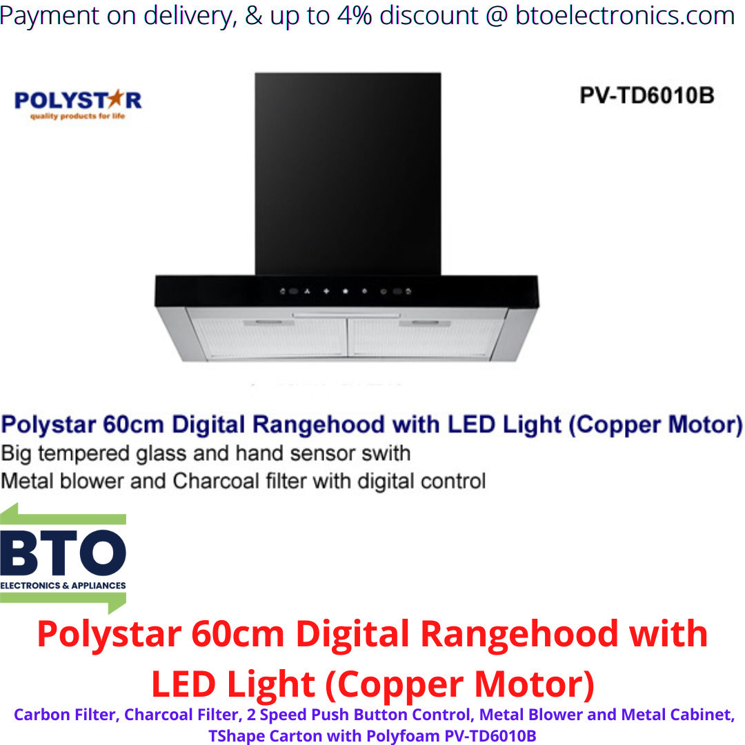 Polystar Kitchen Air Extractor, 60CM Digital Rangehood With Led Light(Copper Motor)