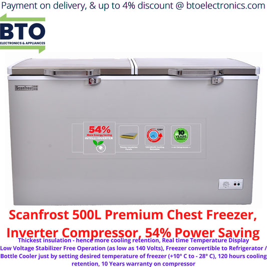 Scanfrost 500L Premium Chest Freezer, Inverter Compressor 54% Power Saving