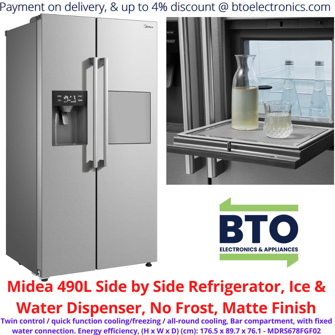 Midea 490L side by side refrigerator with ice and water dispenser, no frost, matte finish, featured with a bottle of water and ice cubes on the dispenser tray.