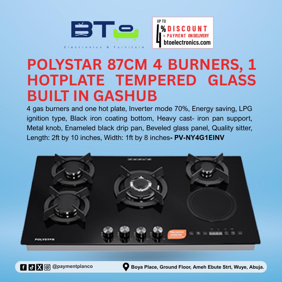 Polystar 87CM 4 Burners, 1 Hotplate Tampered Glass Built In Gas Hub