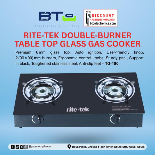 Rite-Tek 90x90 2 Double Burner Table Top Glass Cooker