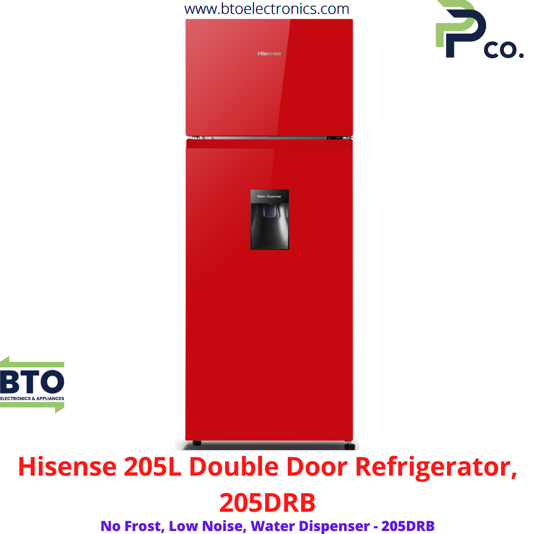 Hisense 205L Double Door Refrigerator, with Water Dispenser, Red