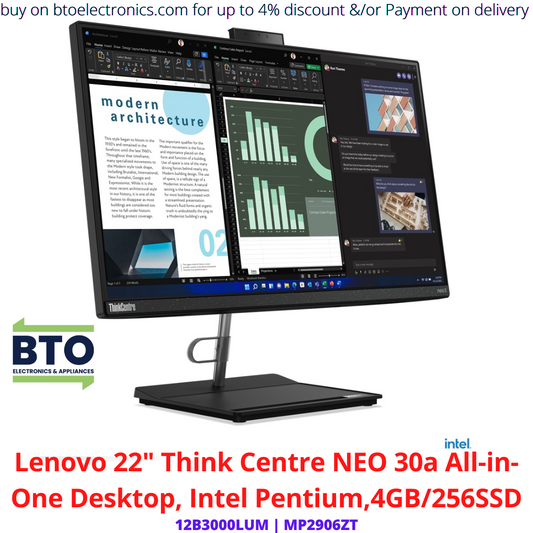 Lenovo 22" Think Centre NEO 30a All-in-One Desktop, Intel Pentium, 4GB/256SSD, AIO