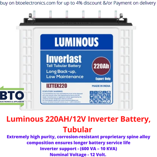 Luminous 220AH/12V Inverter Battery, Tubular, 2Yrs Warr