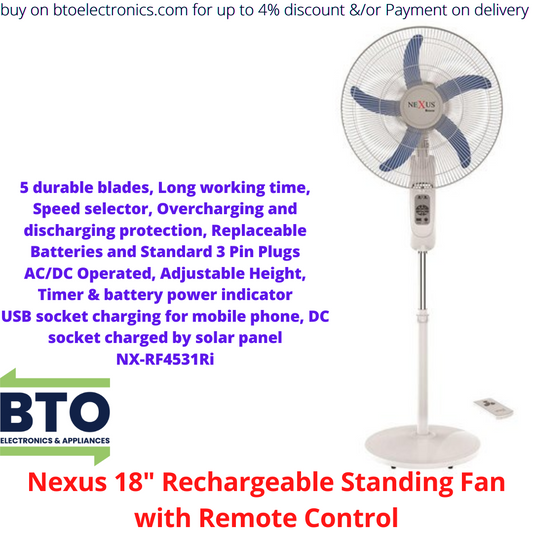 Nexus 18-Inch Rechargeable Standing Fan With Remote Control, 5 Blades