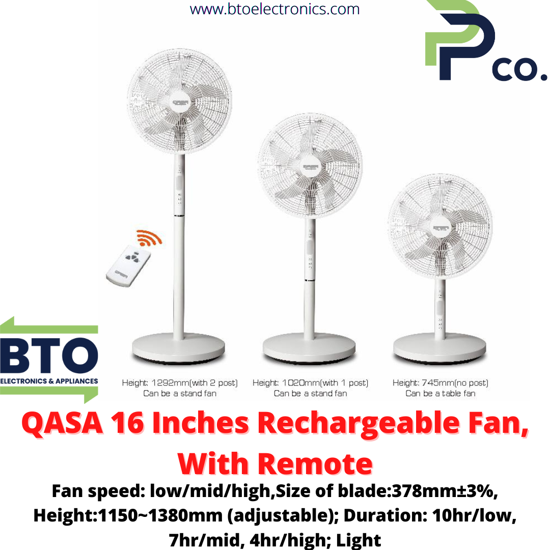 QASA 16-Inch Rechargeable Standing Fan, White, with Remote Control, multi-adjustable Height