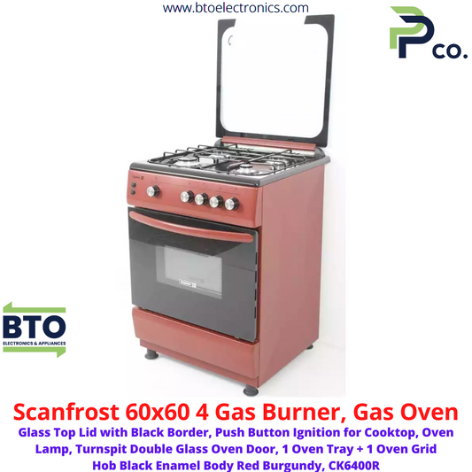 Scanfrost 60x60 4gas Cooker, Auto Ignition, Burgundy