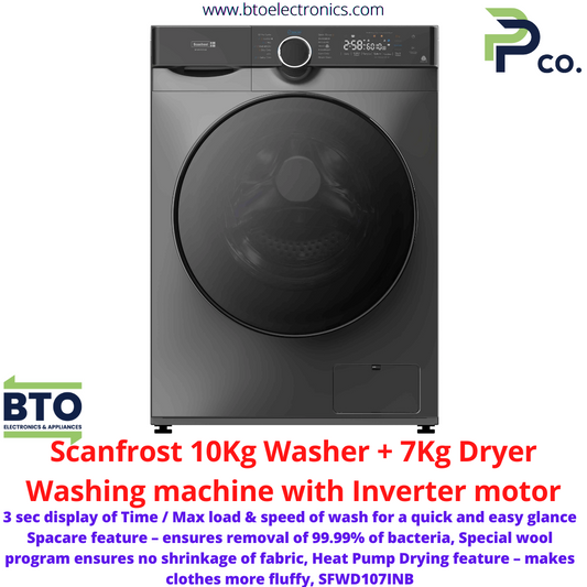 Scanfrost 10KG Wash & 7KG Dryer Automatic Front Load Washing Machine, Inverter Motor