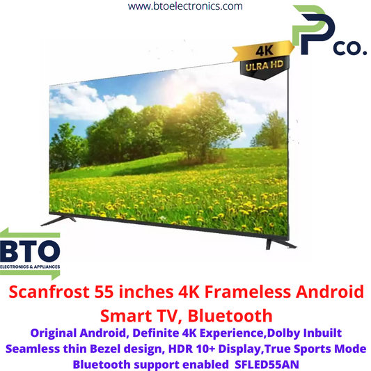 Scanfrsot 55 Inches Frameless TV, 4K UltraHD, Bluetooth, Android, Andromeda Series
