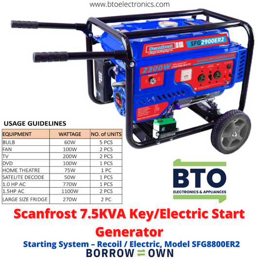 Scanfrost 7.5KVA/6KW Generator, Key Start, 100% Copper Coil