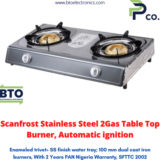 Scanfrost 2Gas Burner Table Top Gas Cooker, Stainless Steel, Automatic Ignition, SFTTC2002